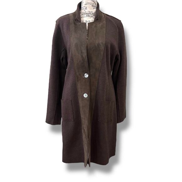 Eileen Fisher Size M L Brown Merino Wool + Lamb Leather Coatigan Jacket Coat - Picture 1 of 9